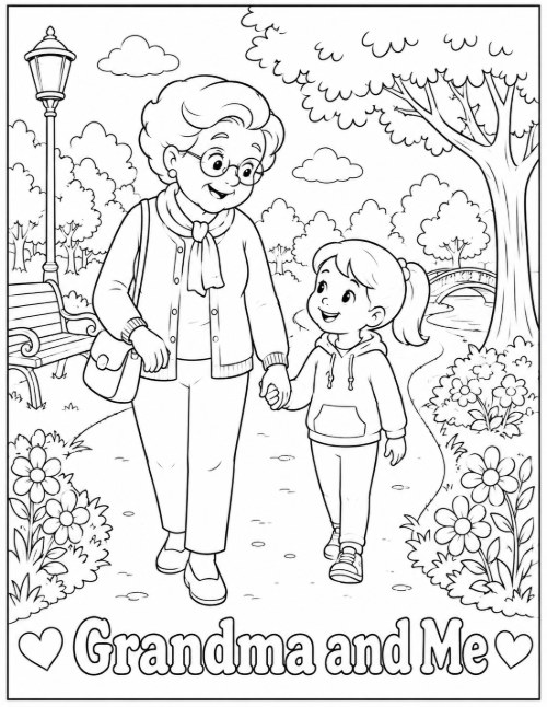 Grandma and Me coloring page walking hand in hand through the park