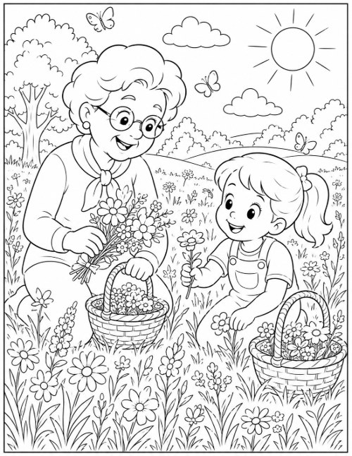 Coloring page of picking wildflowers in a meadow with grandma