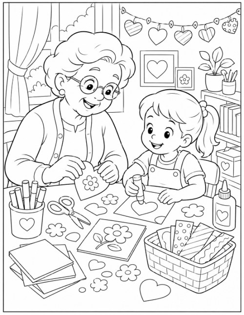 Coloring page of making paper cards and crafts with grandma at a table